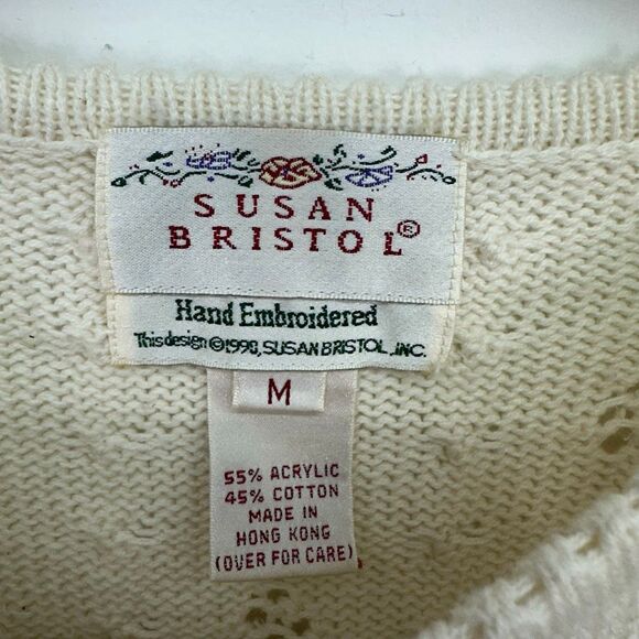 Susan Bristol Vintage Women’s Short Sleeve Multi Floral Cream Crop Knit Sweater - Picture 3 of 9